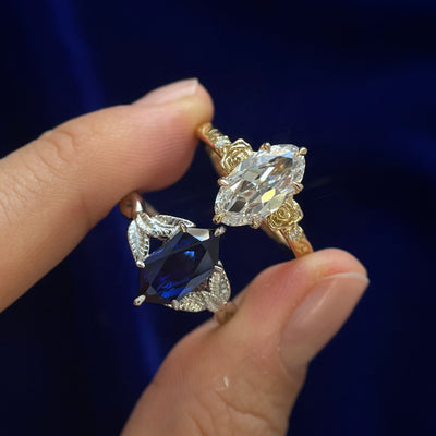 18k Yellow Gold with 2ct Moval Old-mine Lab Diamond and 950 Platinum with 1.5ct Elongated Hexagon Lab Sapphire Floral Couple Custom Rings Set, size 8.5 and 8