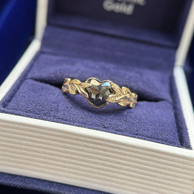 14k Yellow Gold Overlapping Leaves-Set 1.21ct 7.2x6.6mm Heart Salt AND Pepper Diamond on Leaves and Vines three fourth Around the Band Custom Ring, Size 7