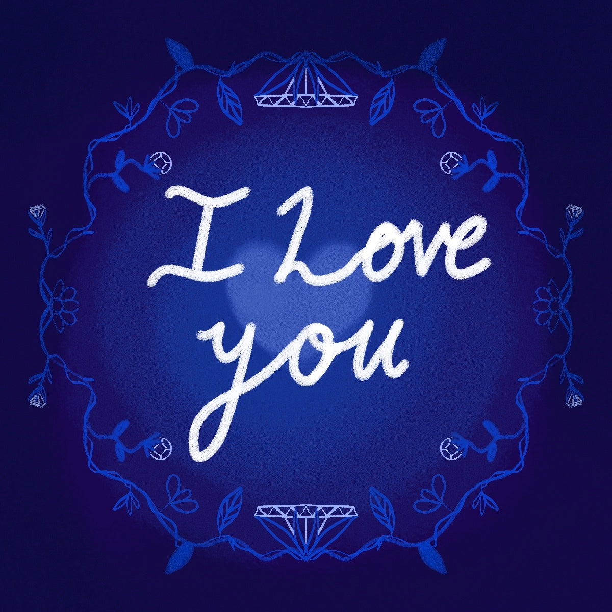 A digital gift card from Automic Gold with the words I Love You in the center of a circle of vines with diamonds for flowers