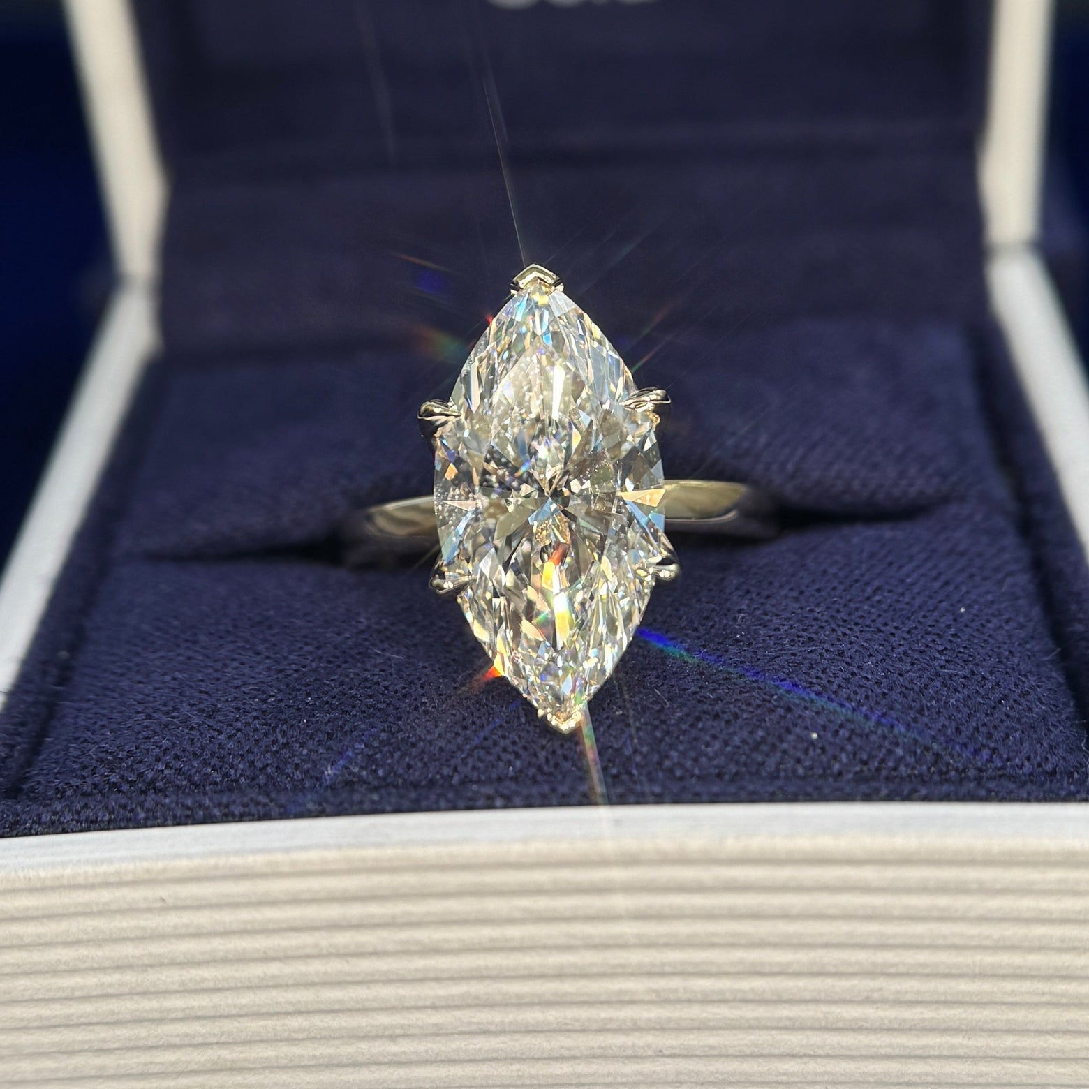 14k Yellow Gold with Customers 5.31ct Marquise Lab Diamond on Cathedral 2.5mm Mix Mirror Band, Custom Ring, Size 6.5