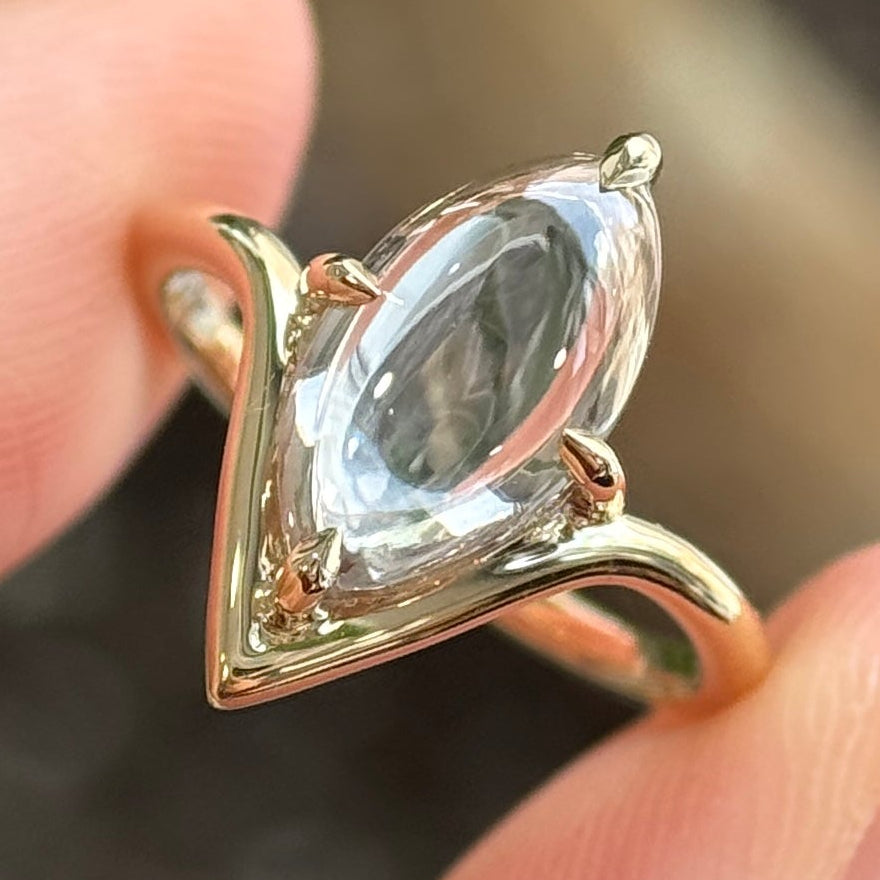 14k Yellow Gold and 1ct Marquise Cabochon Lab Diamond on Chevron Band Custom Ring, size 3.375