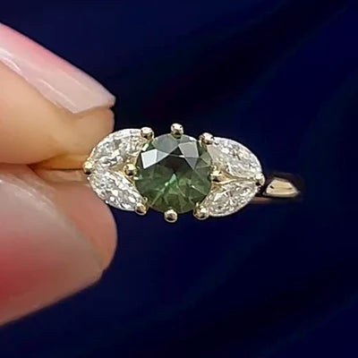 14k Yellow Gold Green Round Sapphire and Marquise Diamonds Custom Ring