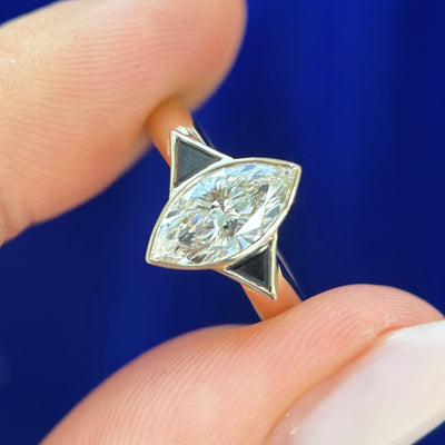14k Yellow Gold Bezel-set 1ct E/VVS 10.5x5.1mm Marquise Lab Diamond with 2pc 3mm Triangle Black Diamonds on 3mm Curvy Band Custom Ring, size 4.25