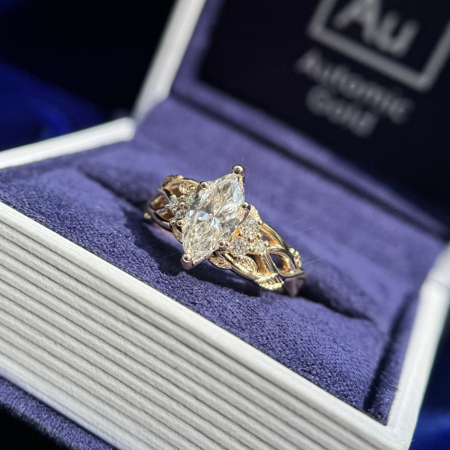 14k Yellow Gold and 1ct Marquise Lab Diamond and 6pc Round Lab Diamonds on Vines and Textured Leaves Custom Ring, size 5