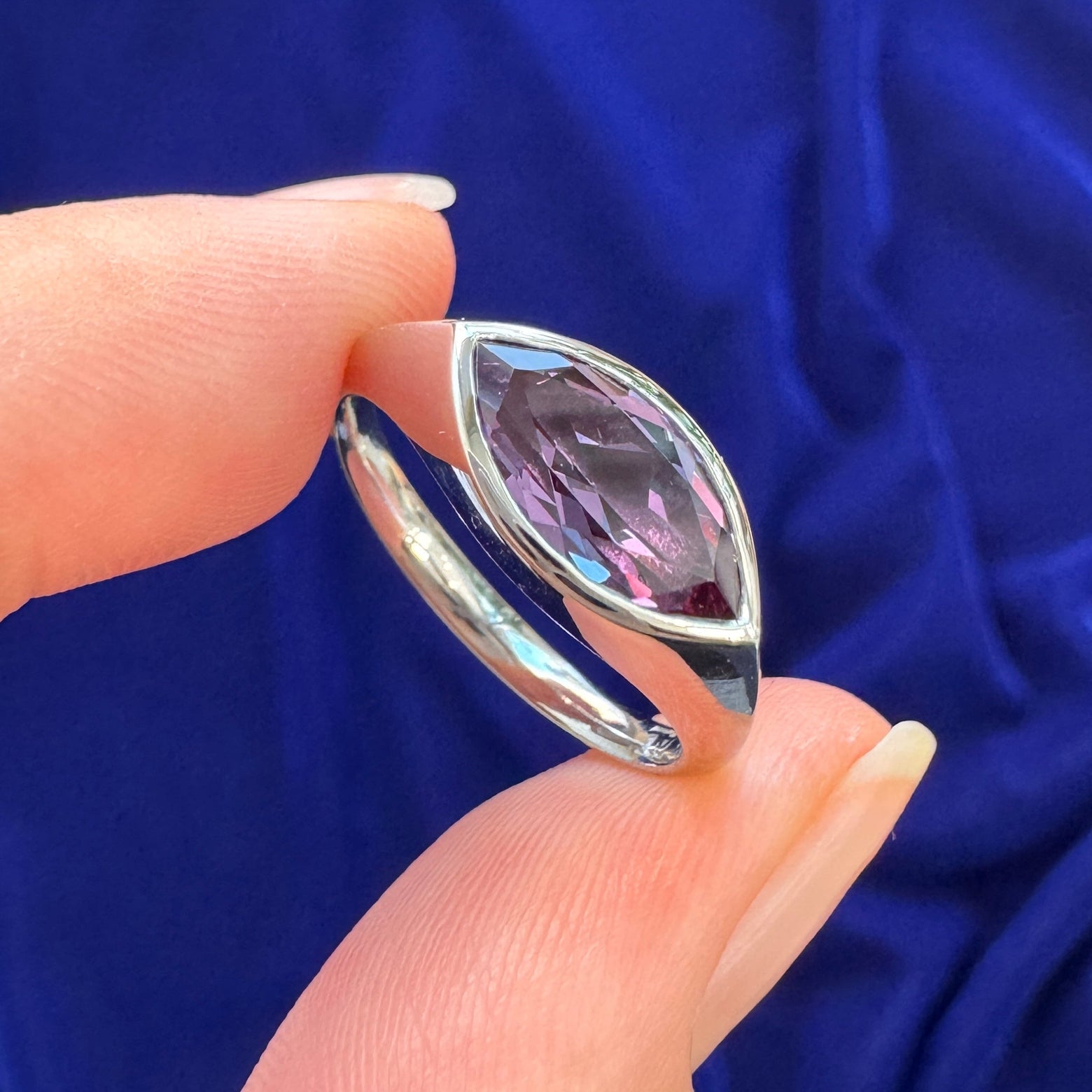 950 Platinum with 1.50ct 12x6mm Marquise Lab Sapphire on Custom Signet Ring, 9 grams, size 7