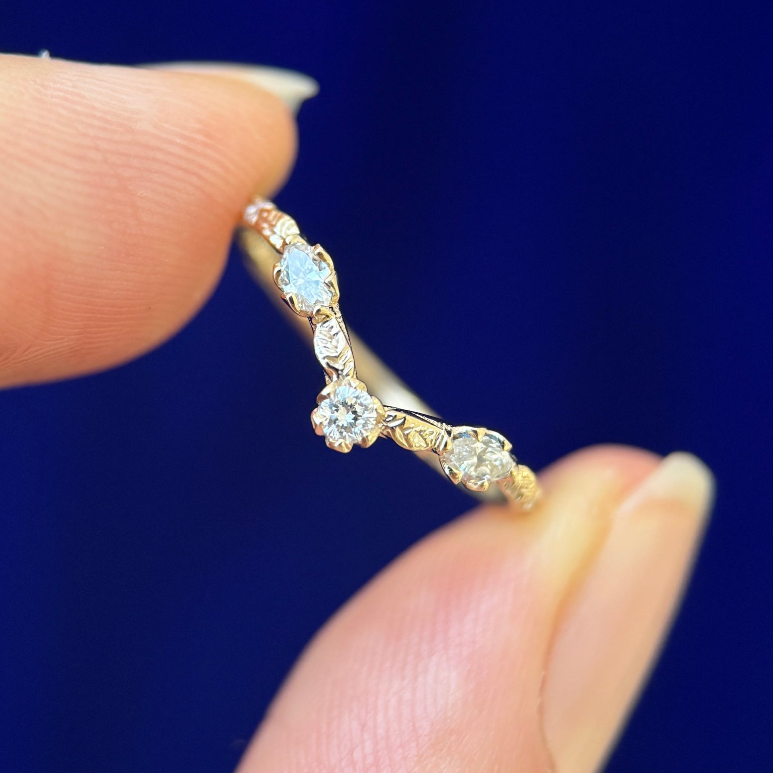 14k Yellow Gold Petal Prongs-set Marquise and Round Lab Diamonds on Custom Leaves Nesting Band, Size 5.5