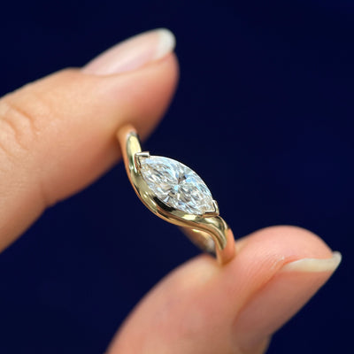 14k Yellow Gold Half-bezel-Set 0.75ct Marquise-cut Lab Diamond on 2.5mm Wavy Band Custom Ring, Size 7