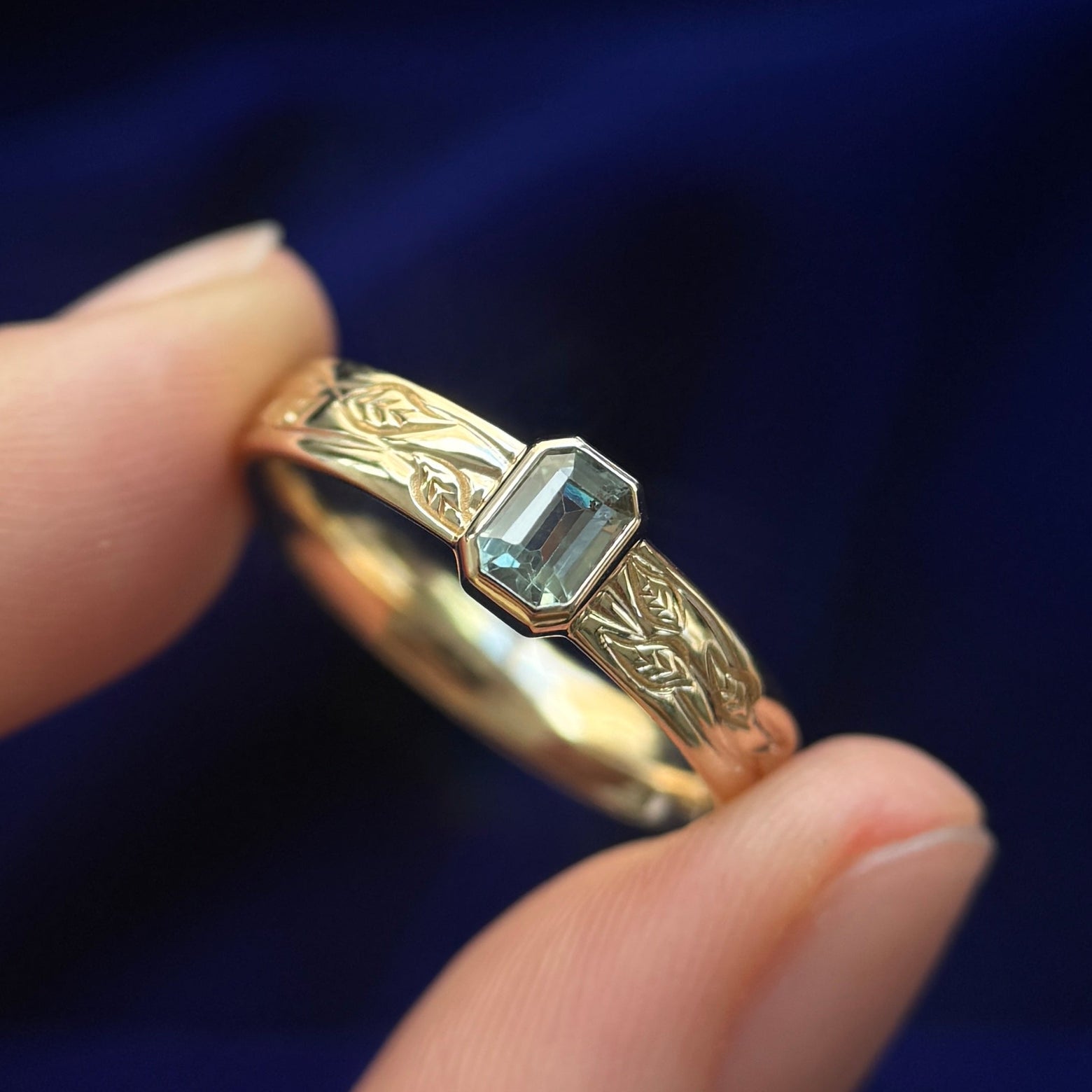 14k Yellow Gold and Bezel-low-set 0.50ct Light Green Emerald-cut Sapphire on Leaves and Vines Engaved Band Custom Ring, size 9