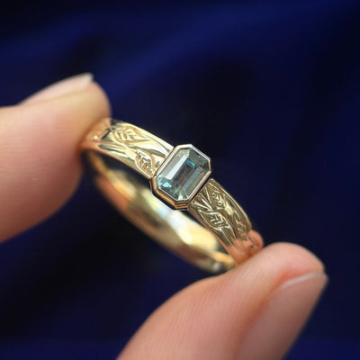 14k Yellow Gold and Bezel-low-set 0.50ct Light Green Emerald-cut Sapphire on Leaves and Vines Engaved Band Custom Ring, size 9