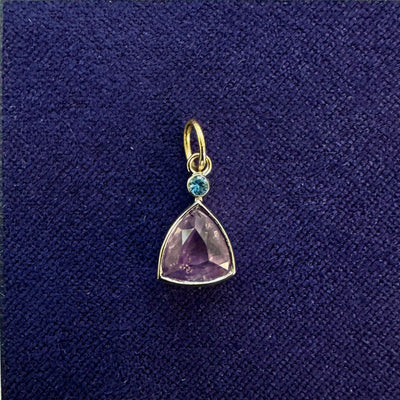 14k White Gold and Bezel-set 1.32ct Mermaid Sapphire with small Blue Sapphire on 14k Yellow Gold Dangling Bail Custom Pendant
