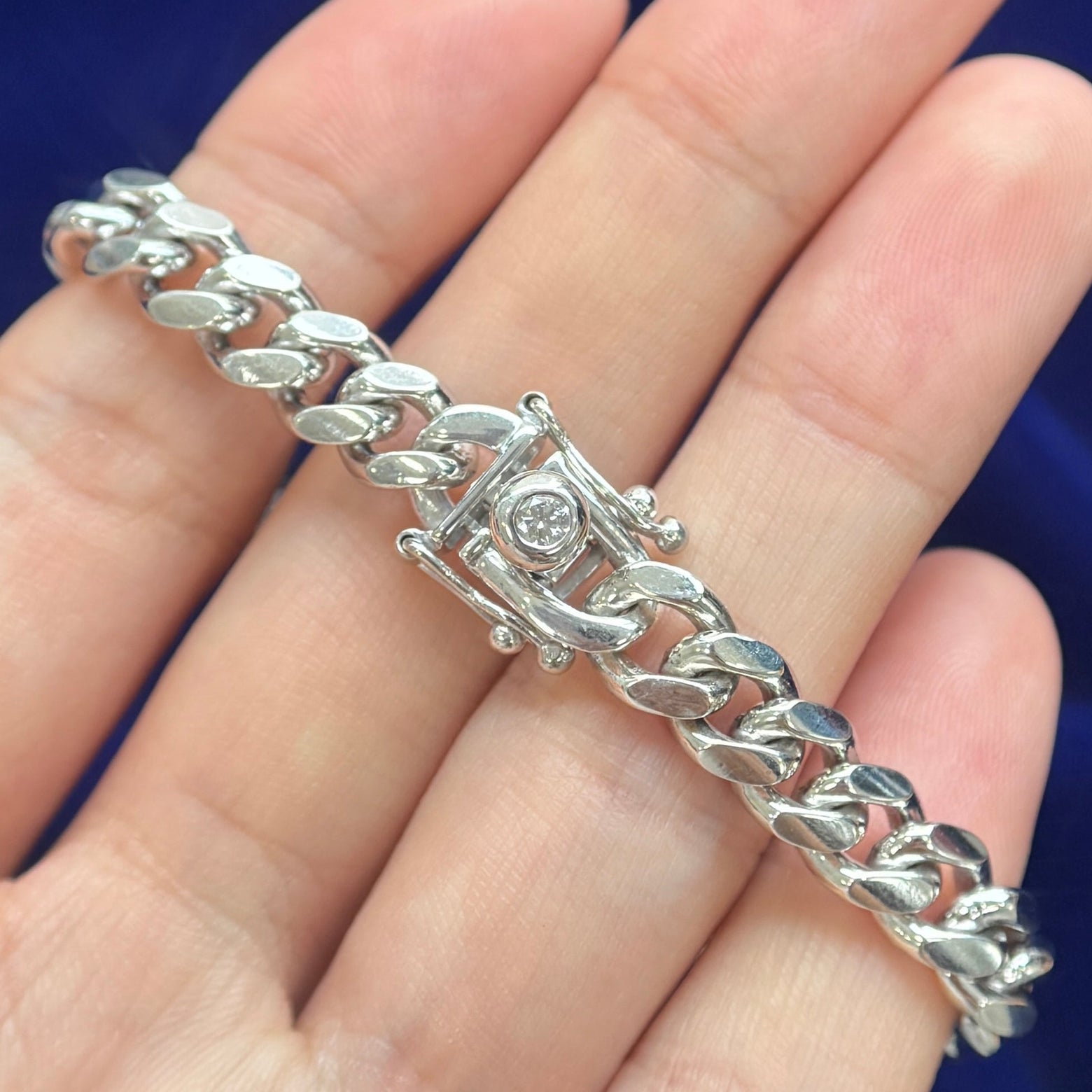 925 Sterling Silver 7mm Miami Cuban Custom Bracelet, with flush-set diamond in the front of lock, 8.5 inches