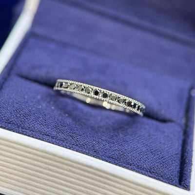 14k White Gold and Channel-set 1.5mm Black Round Diamonds 3/4 around Milgrain Band Custom Ring, size 7