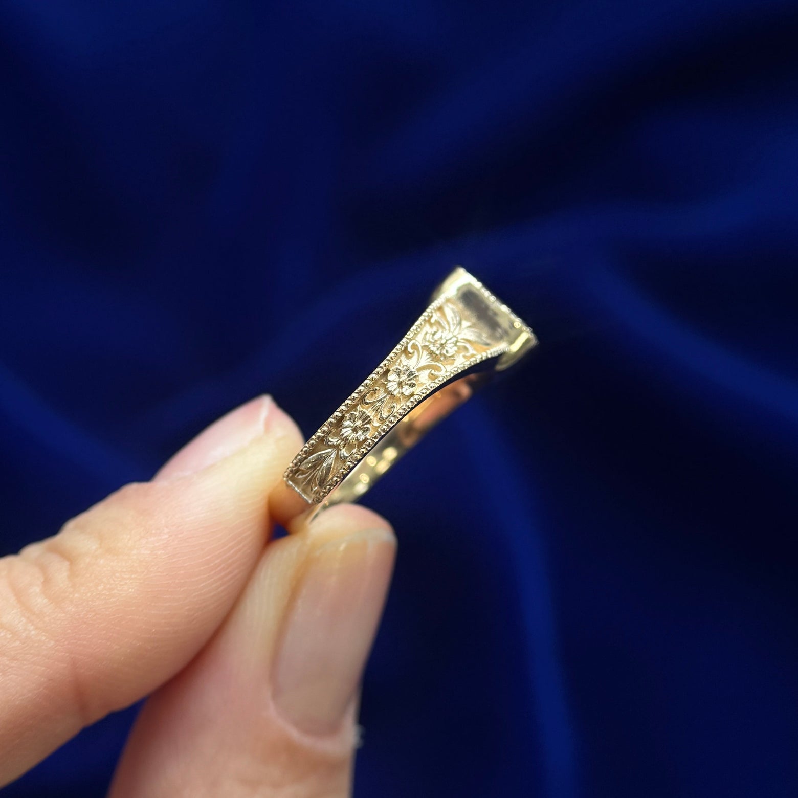 14k Yellow Gold and Low-set Milgrain Bezel 1.5ct Elongated Cushion Lab Diamond on Tapered Milgrain Edge Band Engraves with Flowers three fourths-around Euro Shank Custom Ring, size 6.5