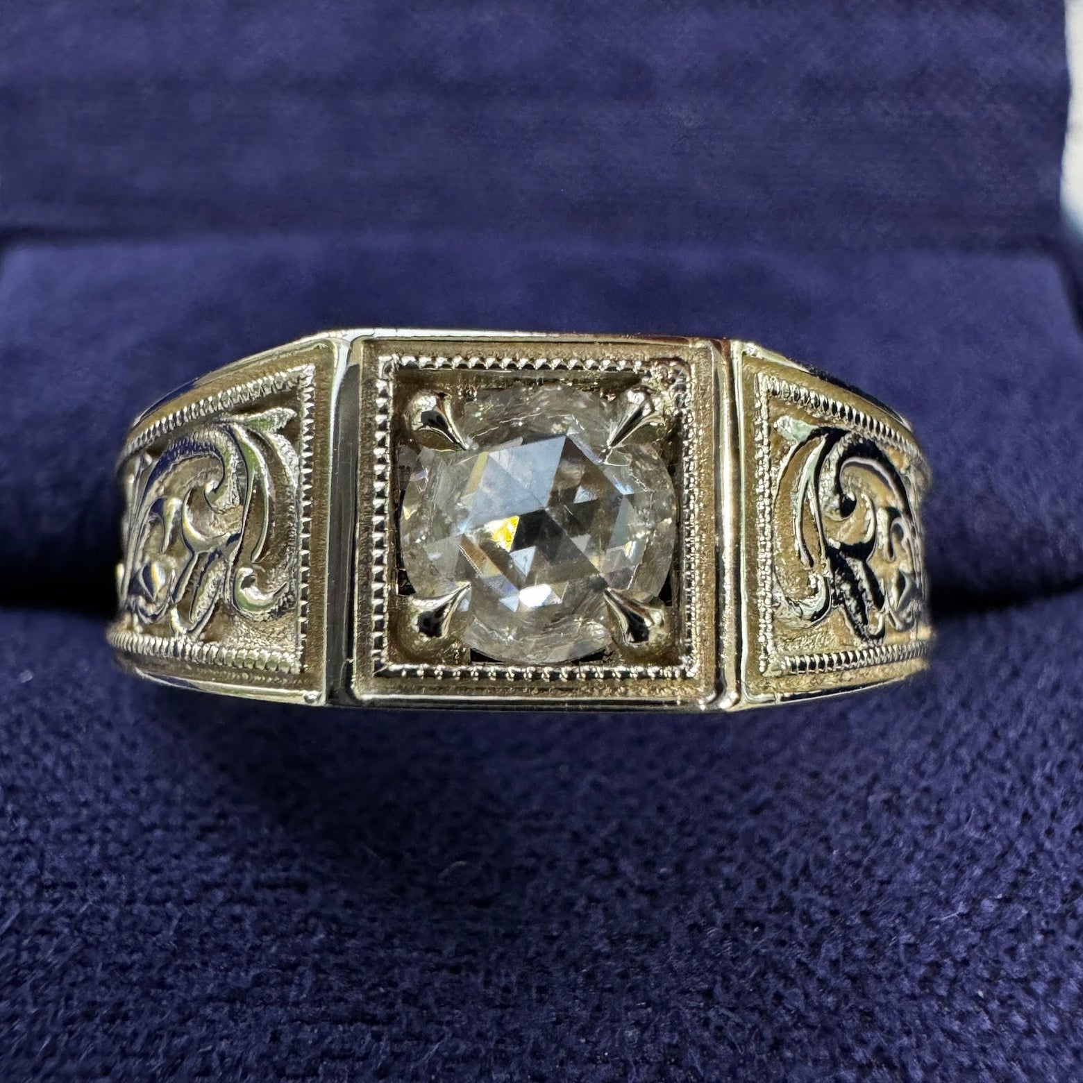 14k Champagne Gold Claw Prongs Set 5mm Rose Cut Round Moissanite in Square Signet on Tapered Filigree Band Custom Ring