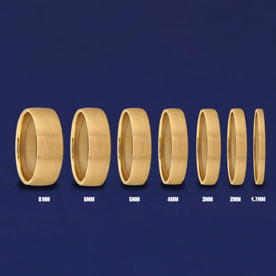 Seven versions of the Mix Matte Band showing the different thickness options of the ring from 8mm to 1.7mm
