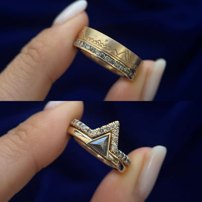 14k Yellow Gold with Triangle and Pave Round Salt-and-pepper Diamonds Mountains Custom Couple Matching Engagement and Wedding Rings Set, size 5.5 and 7.5
