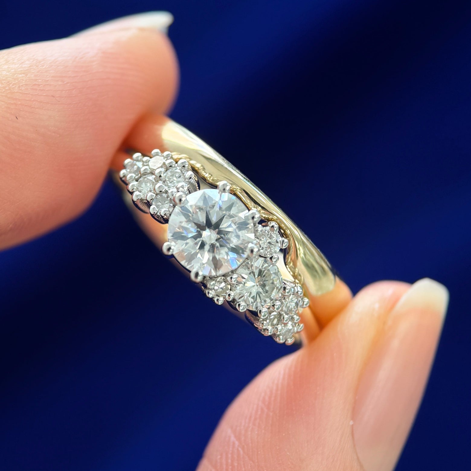 950 Platinum Prongs-set and 14k Yellow Gold 6mm Round Moissanite with Customer's Round Diamonds Cluster Custom Ring, 3.5 grams and Matching 1.7mm Band, size 9