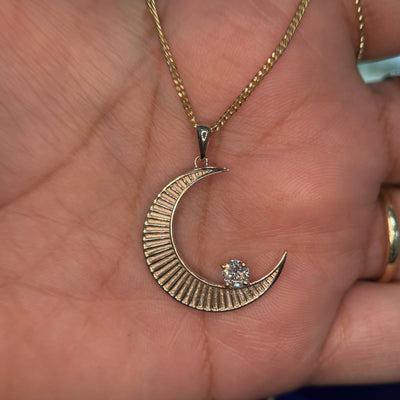 14k Yellow Gold Moon with Inlay of Malachite, Custom Pendant, 2 grams and Mini Miami Chain - 14k Yellow Gold 18 inch