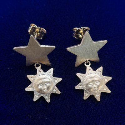 14k Yellow Gold Moon and Star Custom Dangle Earring with Standard Pushback, 4 grams, Pair