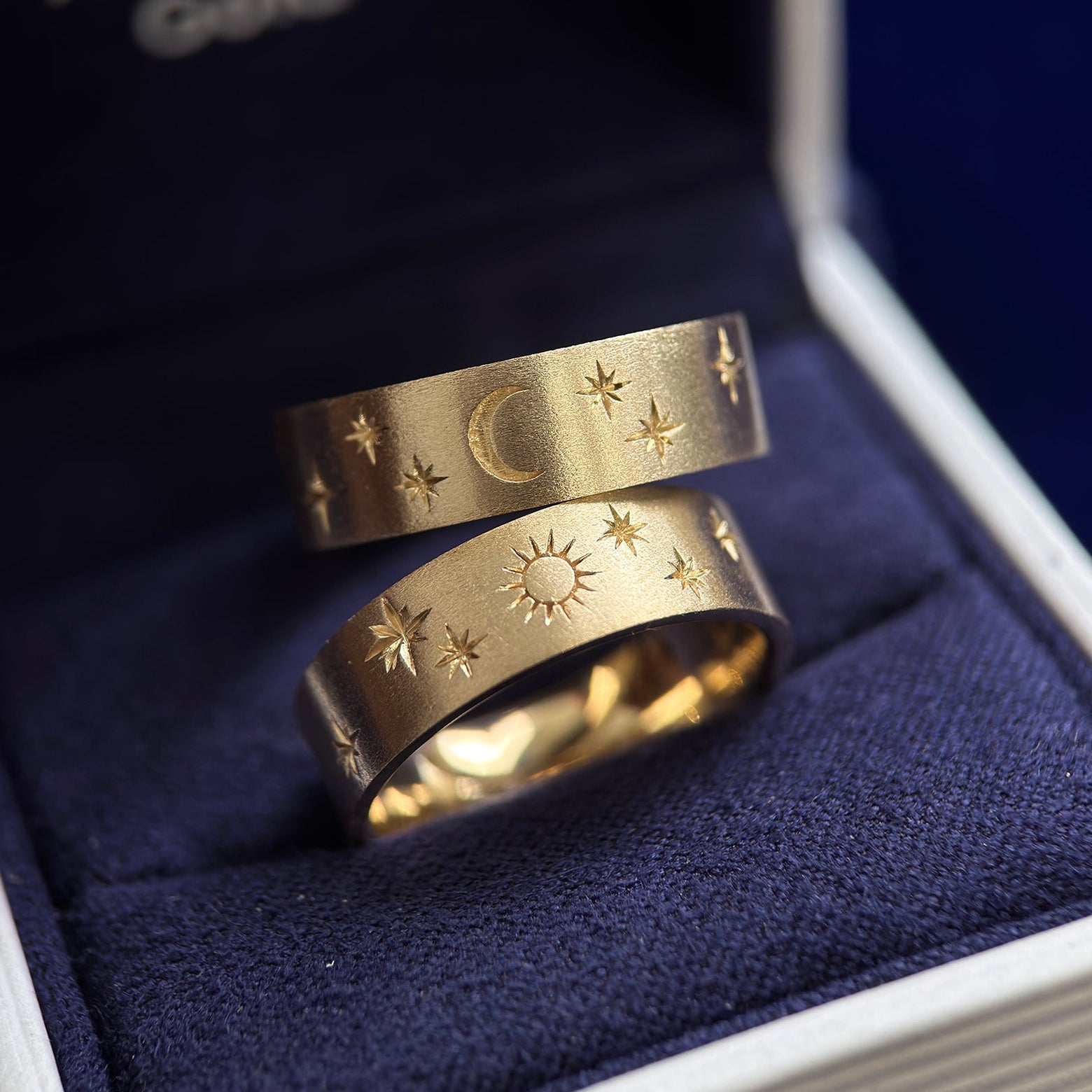 14k Yellow Gold with One Sun and Stars engraved all around on 6mm Industrial Brushed Band Custom Ring and 14k Yellow Gold with One Moon and Stars engraved all around on 6mm Industrial Brushed Band Custom Ring, size 6.5 and size 6.75