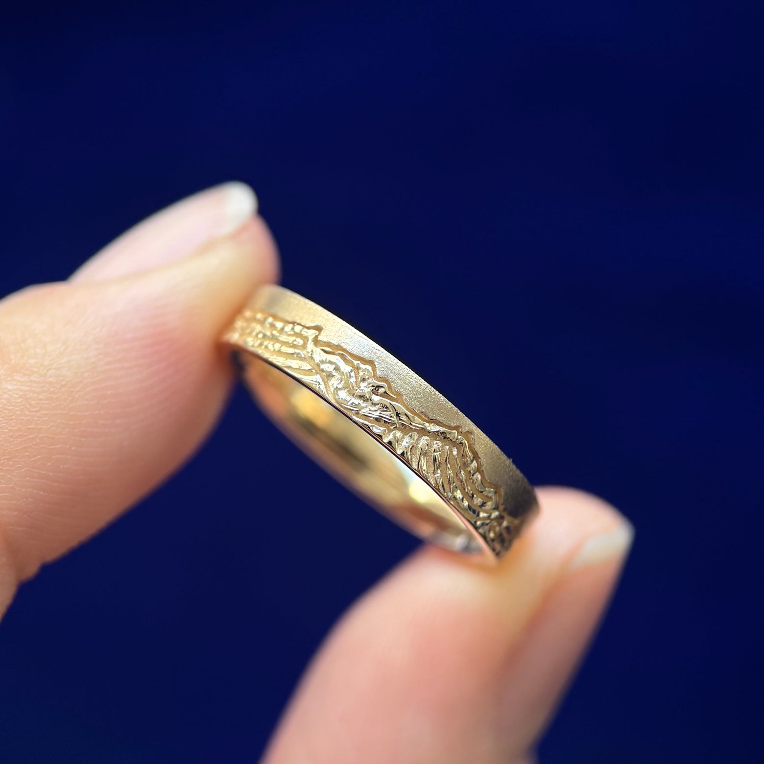 14k Yellow Gold Custom Mountain Range on 4mm Matte Band Custom Ring, size 6.25