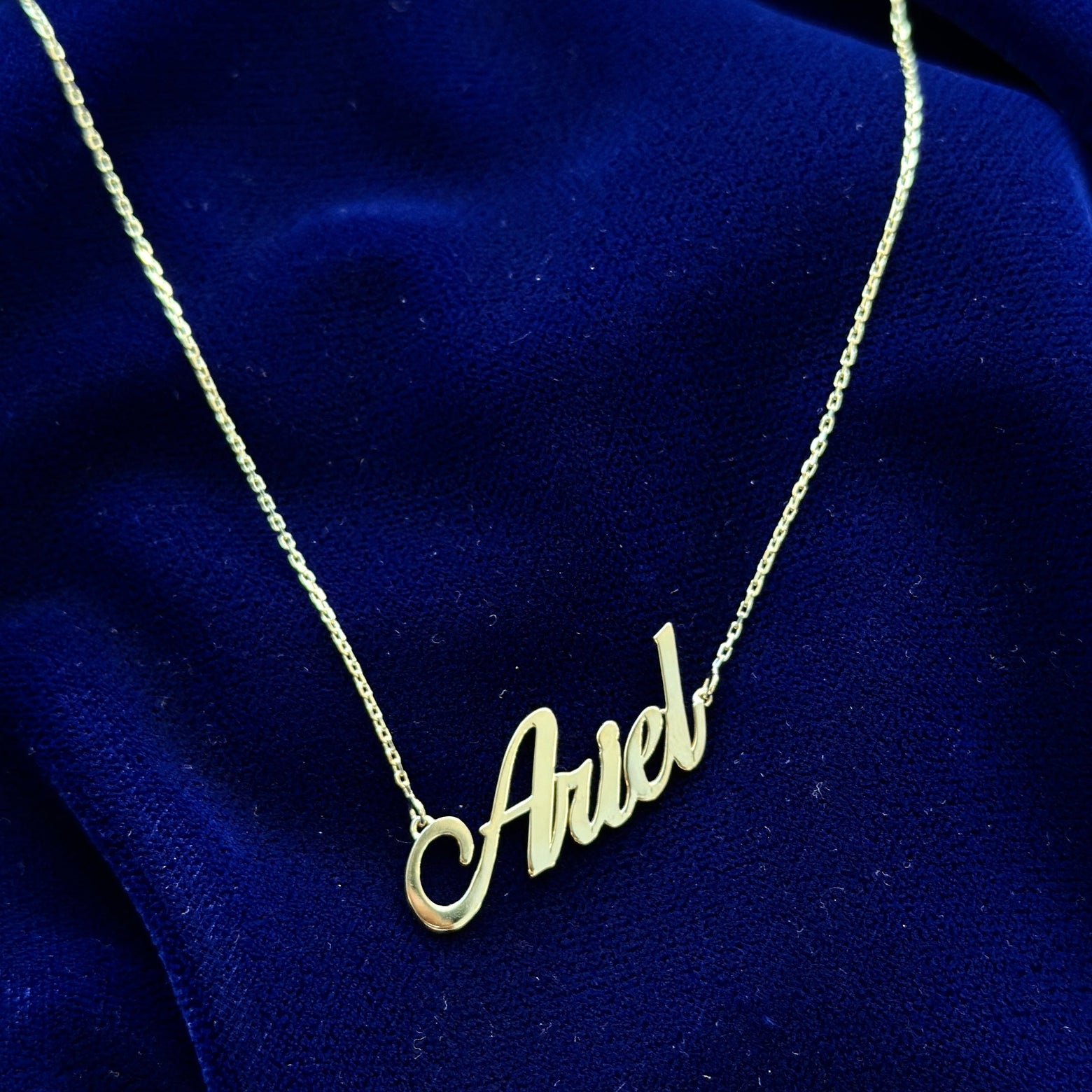 14k Yellow Gold Ariel 1.2" Nameplate 16" 1mm Cable Chain Custom Necklace
