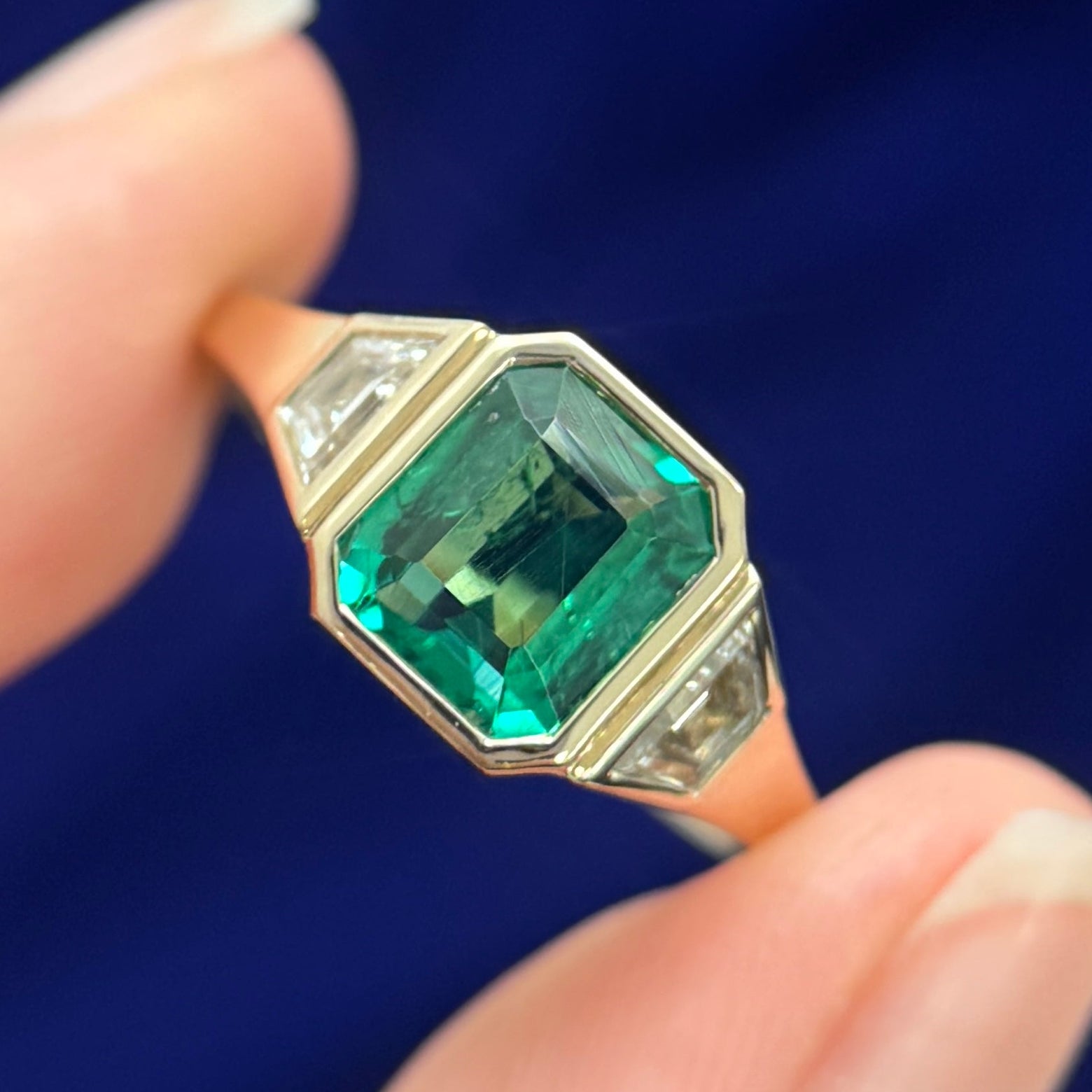 14k Yellow Gold Bezel-low-set 1.66ct Natural Emerald-cut Emerald with 2pc 5x2mm Baguettes Lab Diamond Custom Signet Ring, 8 gram, size 7.5