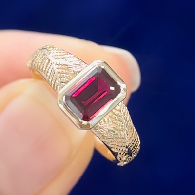 14k Yellow Gold with Custom-cut Octagon Lab Ruby Bezel set on Pine Band Engraved inside, 5 grams, size 4