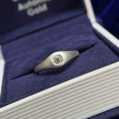 950 Platinum and Flush-set 0.25ct Cushion Old-mine Diamond on Domed 2-6mm Brushed Comfort-fit Band Custom Ring, size 4.75
