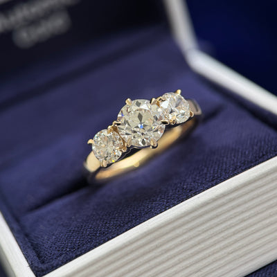 14k Yellow Gold 1.39ct Old-mine Round Lab Diamond with 0.50ct each 2pc side Round Lab Diamonds on 3mm Mix Mirror Band Custom Tri-stone Engagement Ring