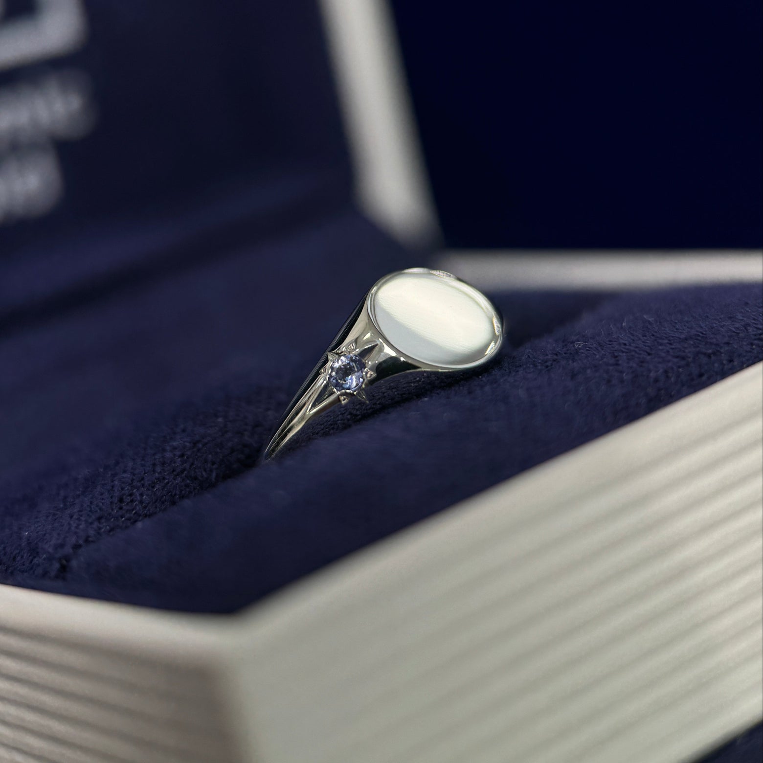 14k White Gold with One Star-set Tanzanites Custom Signet Ring