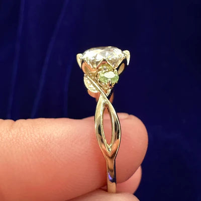14k Yellow Gold Round Lab Diamond with 2 Peridots Offset 3 Stone Custom Engagement Ring