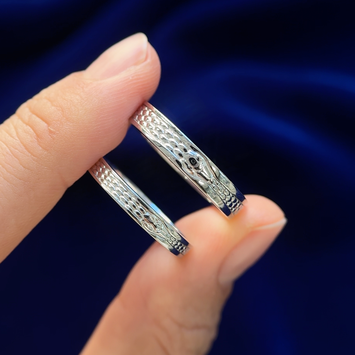 14k White Gold Ouroboros Snake Custom Couples Wedding Rings Set, Size 7 and 9
