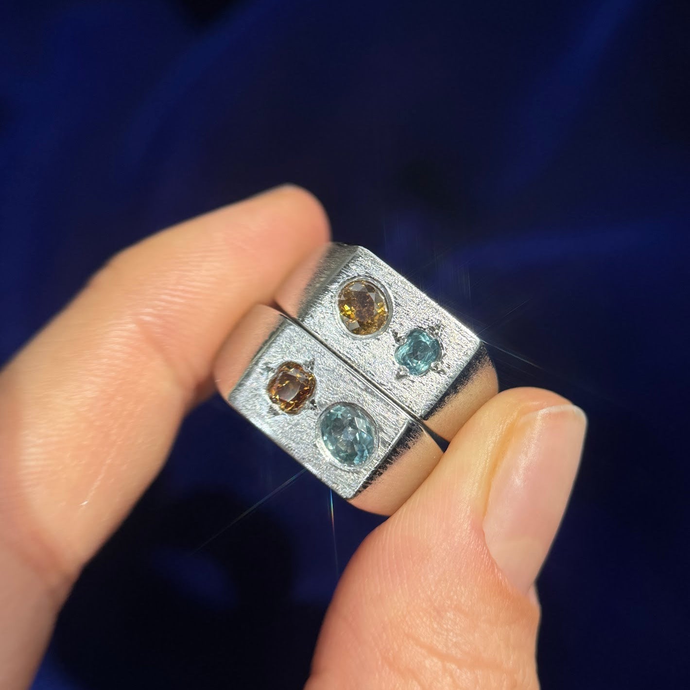 950 Platinum Brown Diamond and Blue Sapphire on Brushed Signet Custom Matching Rings