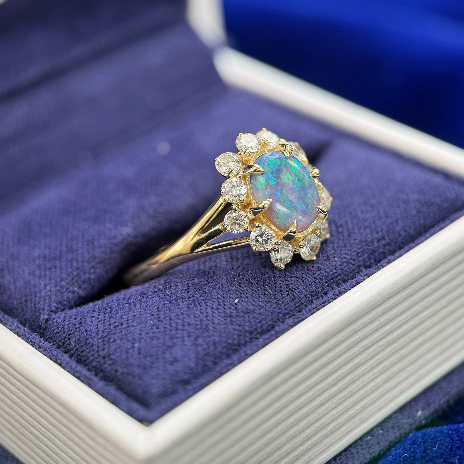 14k Yellow Gold Low-claw-prongs-set 0.72ct 8x6.4mm Oval Australian Opal w/ Customer’s Round Diamonds 2-Level Halo on 2mm Curvy Band Custom Ring