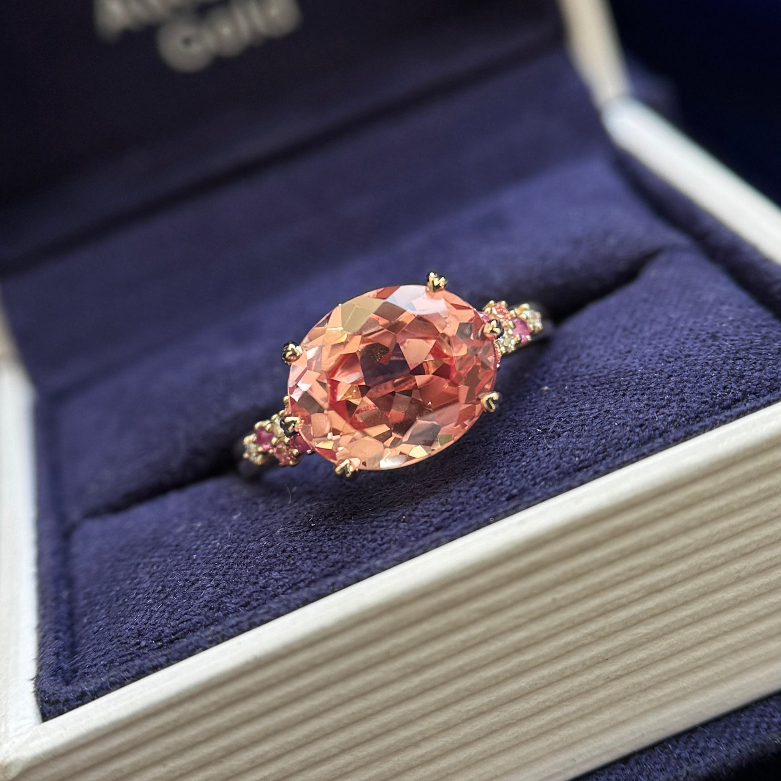 Yellow Gold Heart-Prongs-East-to-West-Set 2.5ct Beige Pink Lab Sapphire Cluster of Pink Gems on 2.5mm Band Custom Ring, Size 7