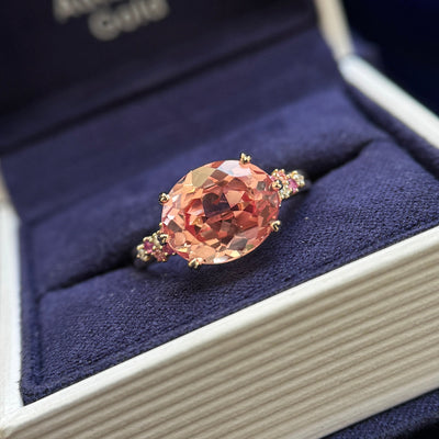 Yellow Gold Heart-Prongs-East-to-West-Set 2.5ct Beige Pink Lab Sapphire Cluster of Pink Gems on 2.5mm Band Custom Ring, Size 7