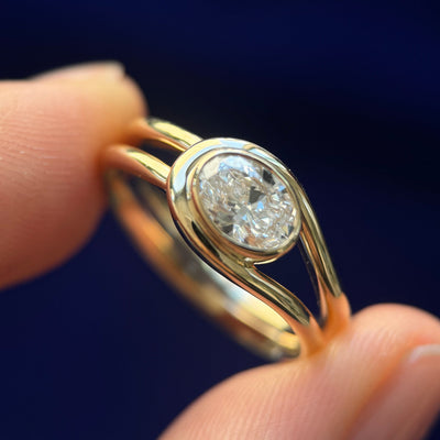 14k Yellow Gold and Bezel-set 0.70ct Oval Lab Diamond on Knot Band Custom Ring, size 7