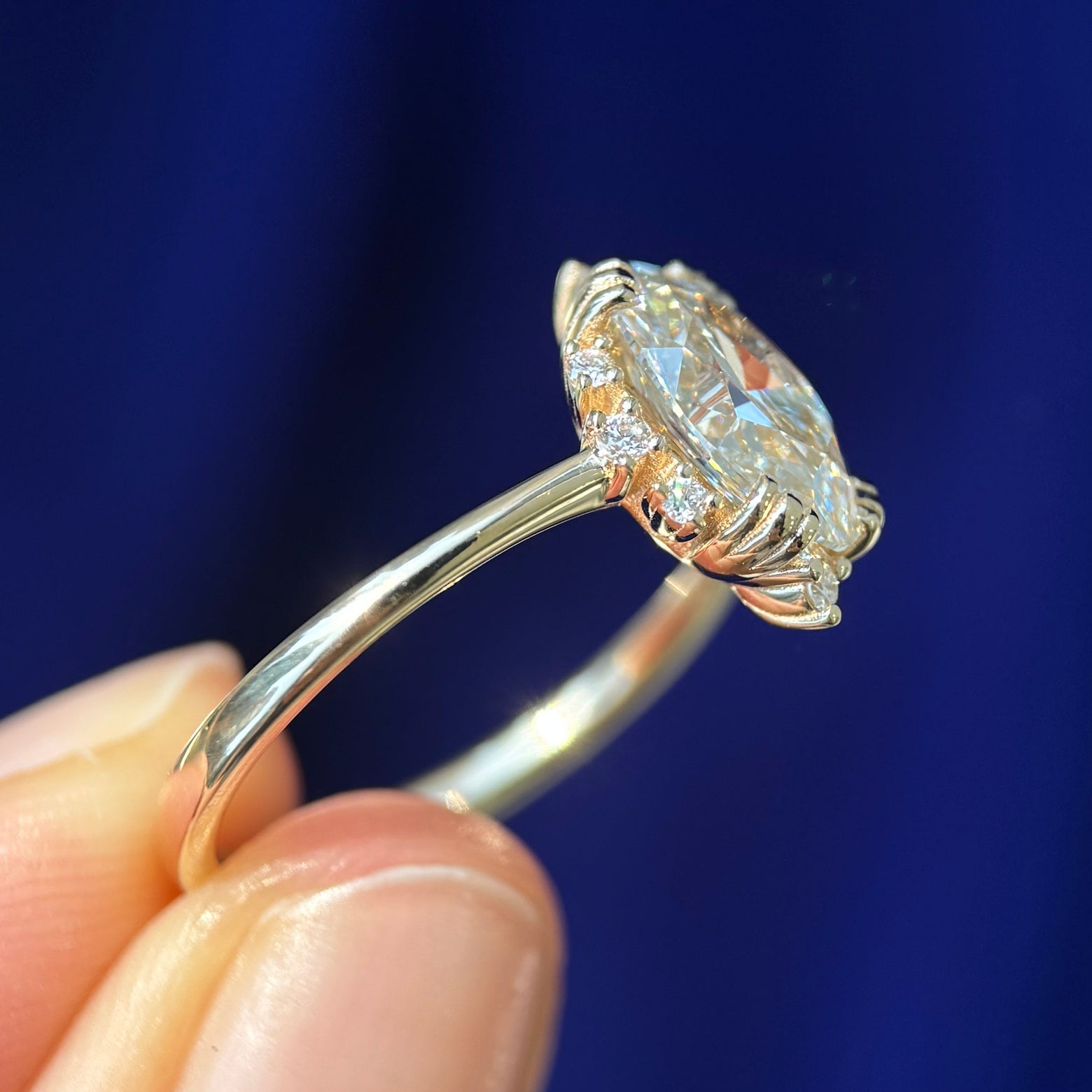 14k Yellow Gold with Low-triple-prongs-set10x7mm G VS Oval Lab Diamond with Bezel-set Small Lab Diamonds on 1.2mm Mix Mirror Band Custom Ring, size 7