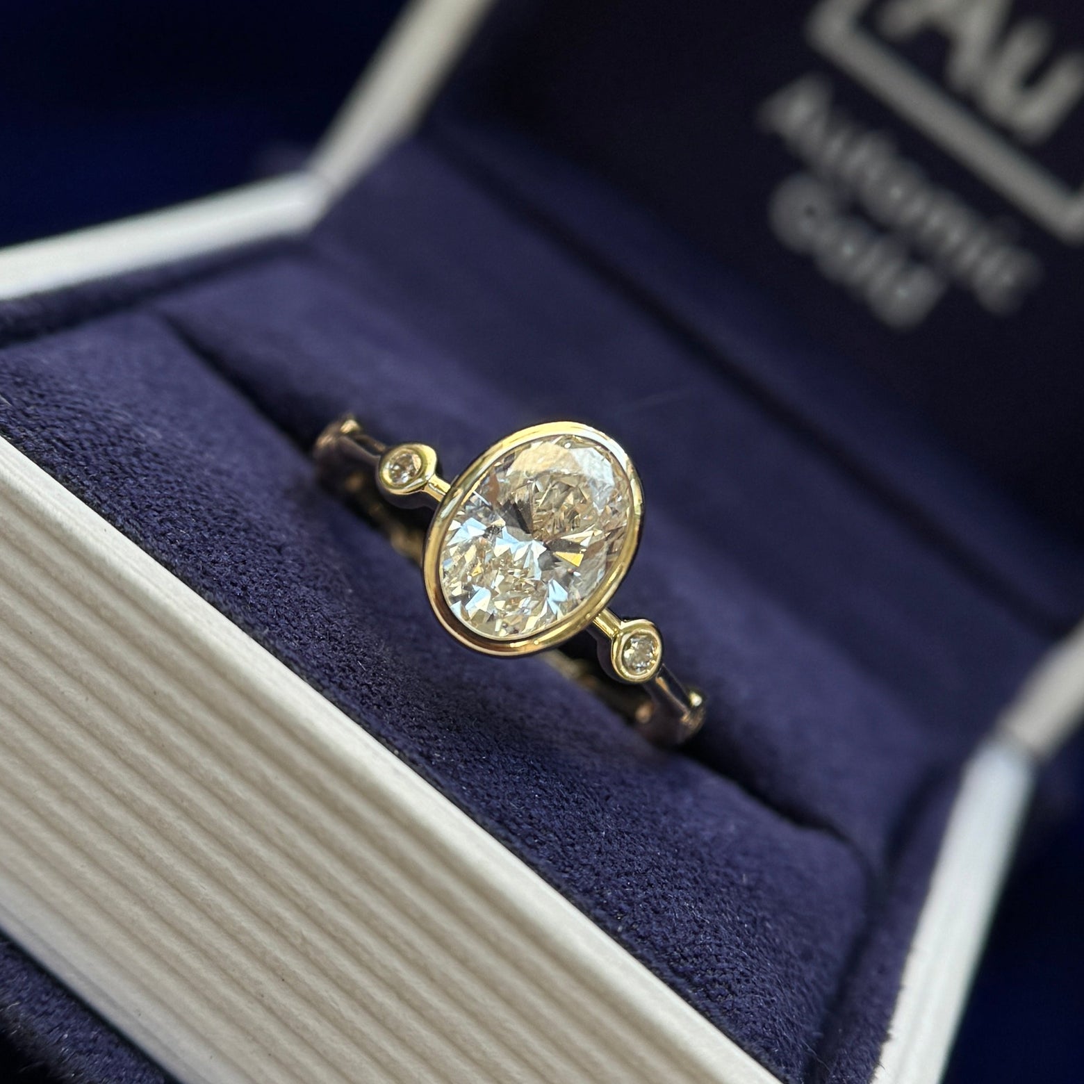 14k Yellow Gold and Thin-bezel-set 1.5ct Oval Lab Diamond with Small Lab Diamonds Band Bubble Custom Ring, size 6.5