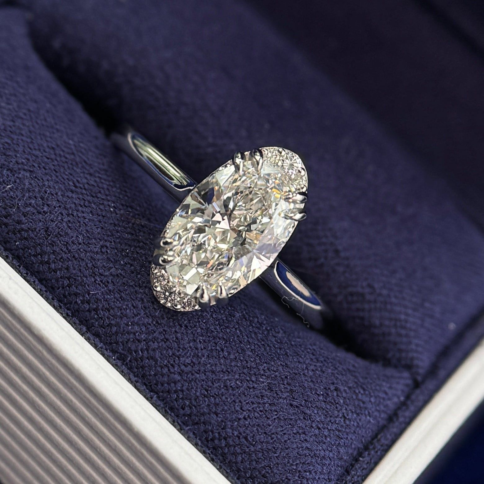 950 Platinum 4-double-claw-prongs E VVS Ex Ex 2ct Oval Lab Diamond with Half-halo on 1. 8mm Band Custom Ring, size 8
