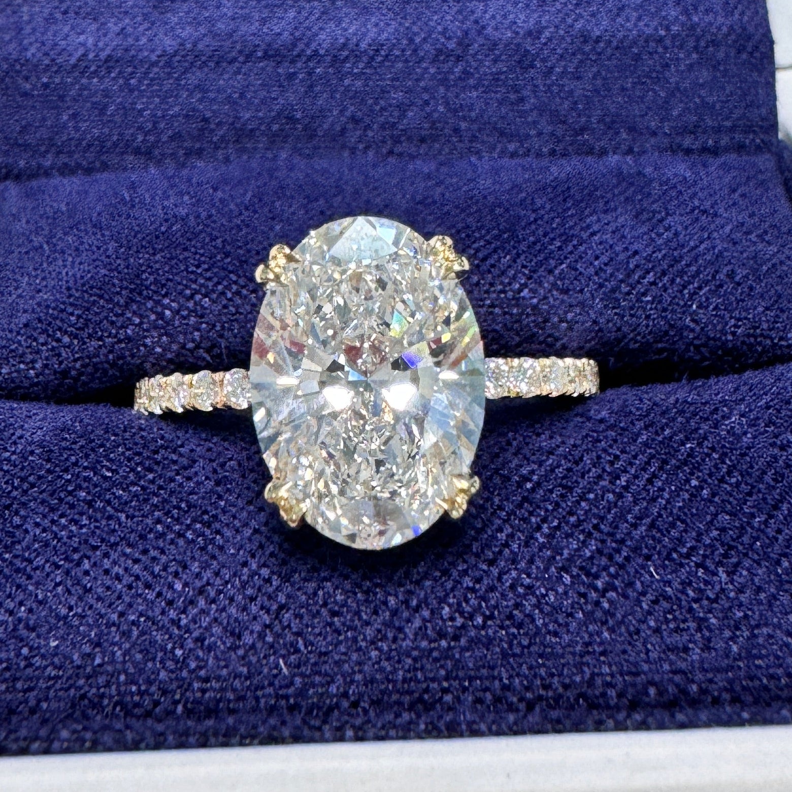 14k Yellow Gold Double-claw-prongs-set 2.63ct D/VVS 11.2x7.9mm Oval Lab Diamond with Lab Diamond Halo and Halfway Pave 1.5mm Lab Diamonds Custom Engagement Ring, size 5.75