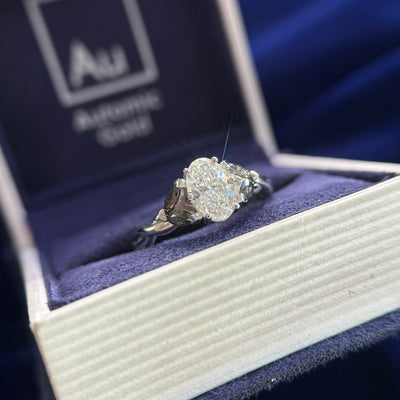 950 Platinum High-set 1.5ct Oval Lab Diamond with 4pcs Marquise Salt and Pepper Diamonds on 3mm Braided Band Halfway Around Custom Ring, Size 8.25