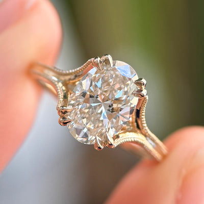 14k Yellow Gold and 1.5ct G color Oval Lab Diamond on Migraine Split Shank Custom Ring, size 4.5