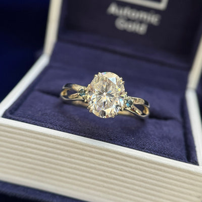 14k Champagne Gold and 2ct 9x7mm Oval Moissanite with 6pc Round Small Sapphires Cluster on 2mm Mix Mirror Band Custom Ring, size 10