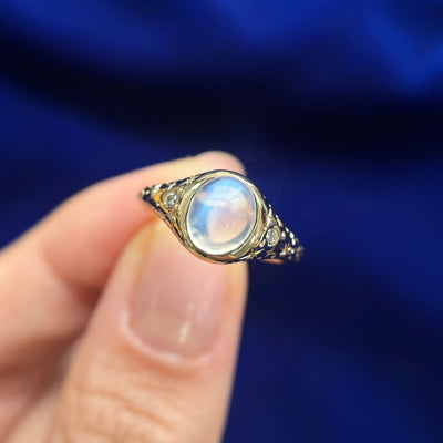 14k Yellow Gold and Bezel-low-set Oval Moonstone on Tapered Band Engraved with Stars and 2pc Lab Diamonds Custom Ring, size 5.5