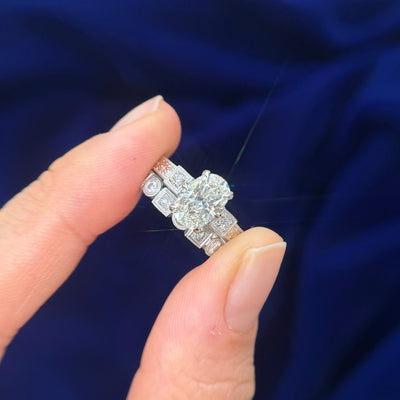 950 Platinum Oval Natural Diamond on Vintage Inspired Filigree Ring with Nesting Wedding Band Custom Set