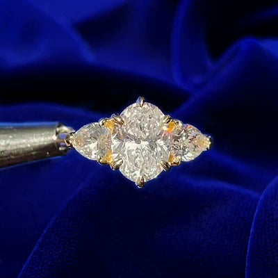 14k Yellow Gold 6 Claw Prong Set Oval Diamond and 4 Claw Prong Set Pear Diamonds Custom Engagement Ring