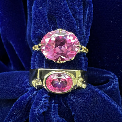 14k Yellow Gold Oval Pink Lab Sapphire Matching Engagement Set Antique Style Rings