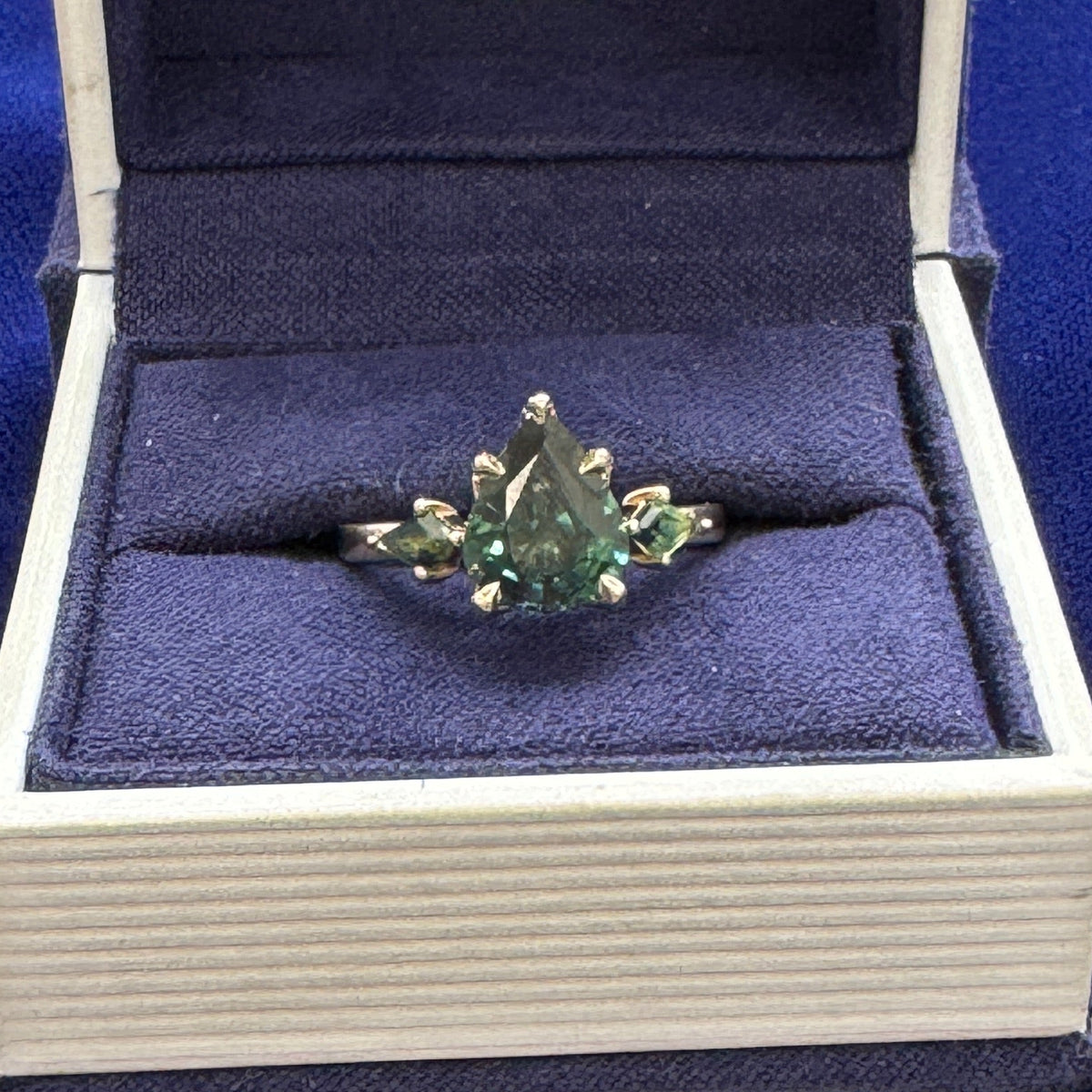 14k Yellow Gold and Claw-prongs-set 1.40ct Oval recut into Pear 8.1x6mm Sapphire with Kite Black Diamonds Custom Ring, size 5.5
